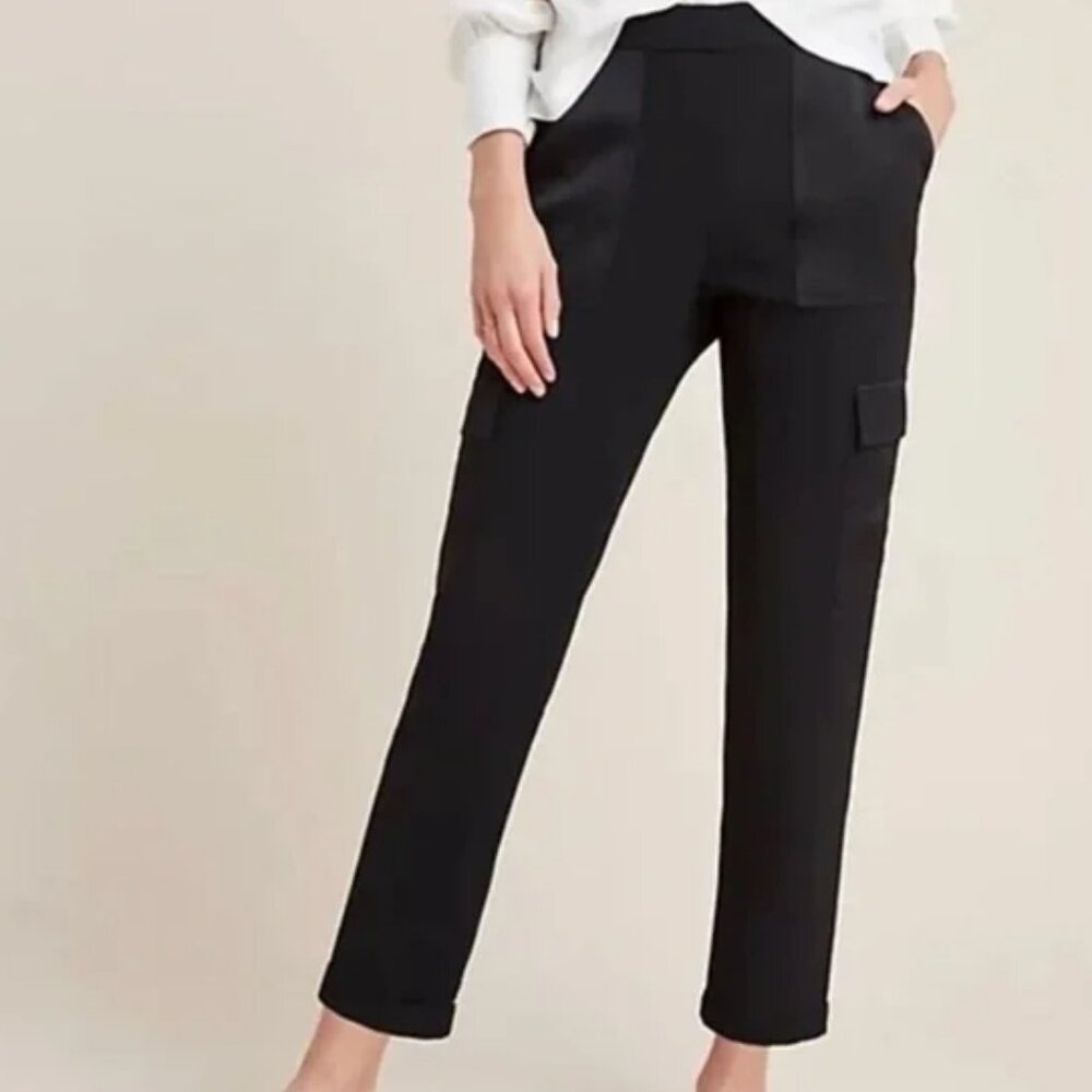 Anthropologie Maeve Delancey Satin Trimmed Cargo Joggers Medium Black Relaxed